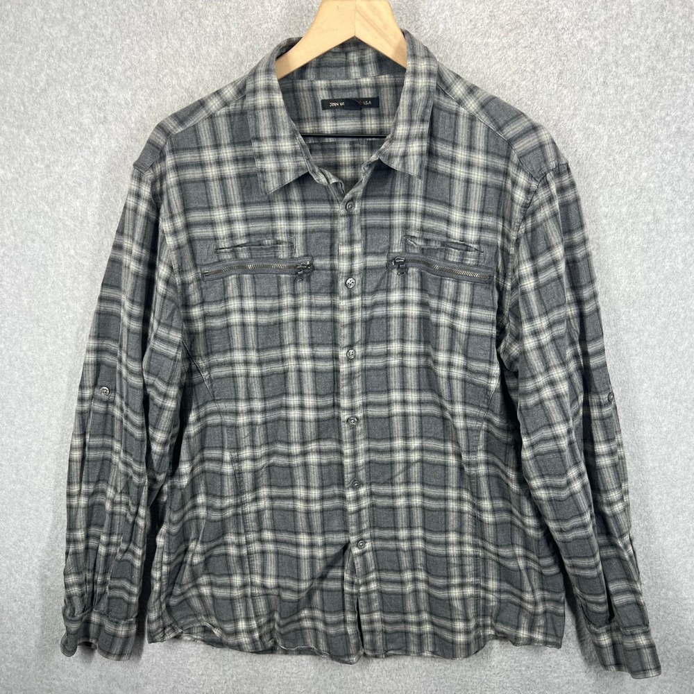 John Varvatos Button Up Mens XL Grey Plaid Zipper Pockets Long Sleeve EUC
